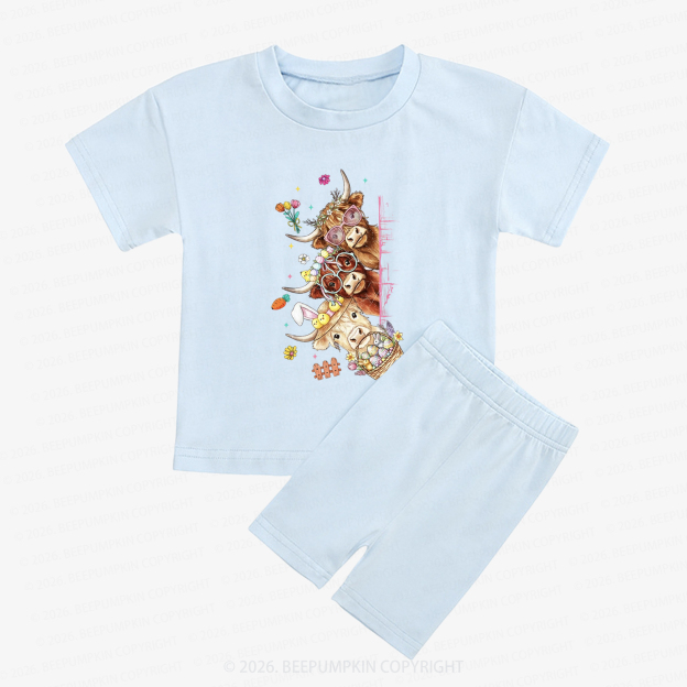 Easter Day Highland Cow&Bunny Kids Biker Shorts&Tee