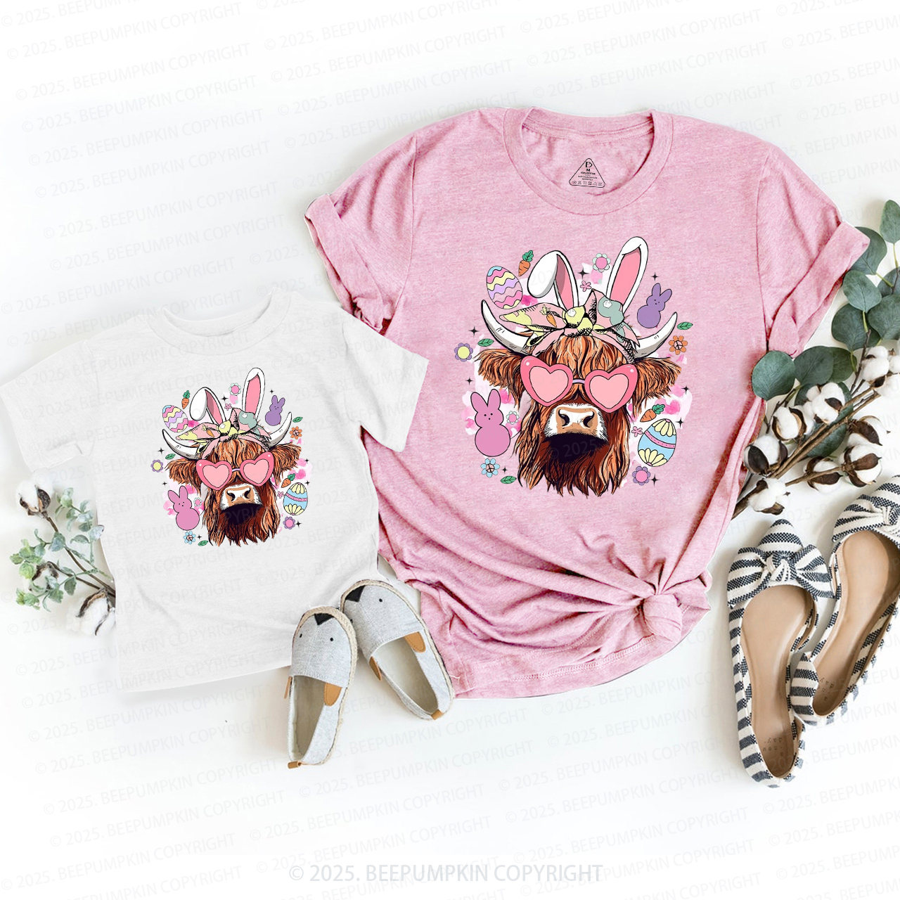 Easter Cute Highland Cow Mom&Me Matching Tees