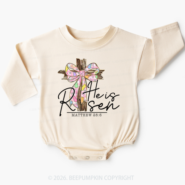 He Is Risen Easter Coquette Bow Baby Bubble Romper