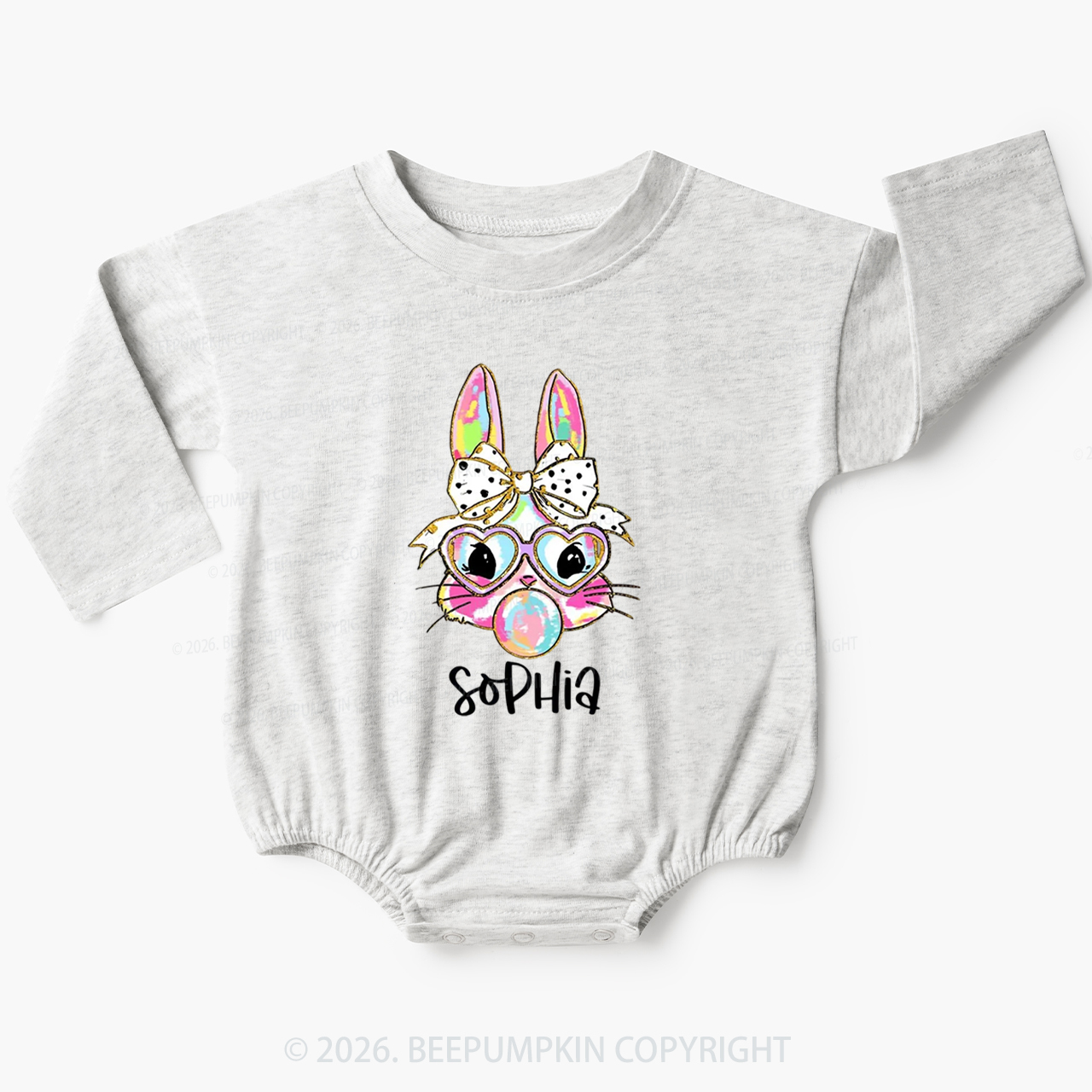 Personalized Kid Name Easter Bunny Coquette Bow Baby Bubble Romper