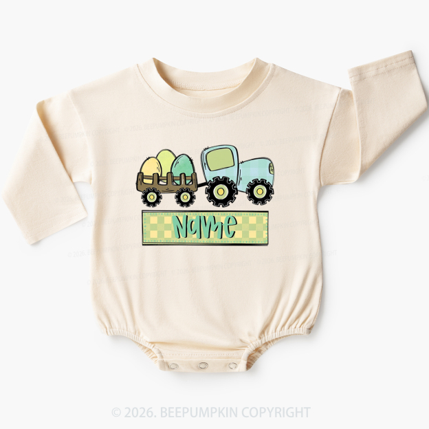 Personalized Name Easter Tractor Baby Bubble Romper