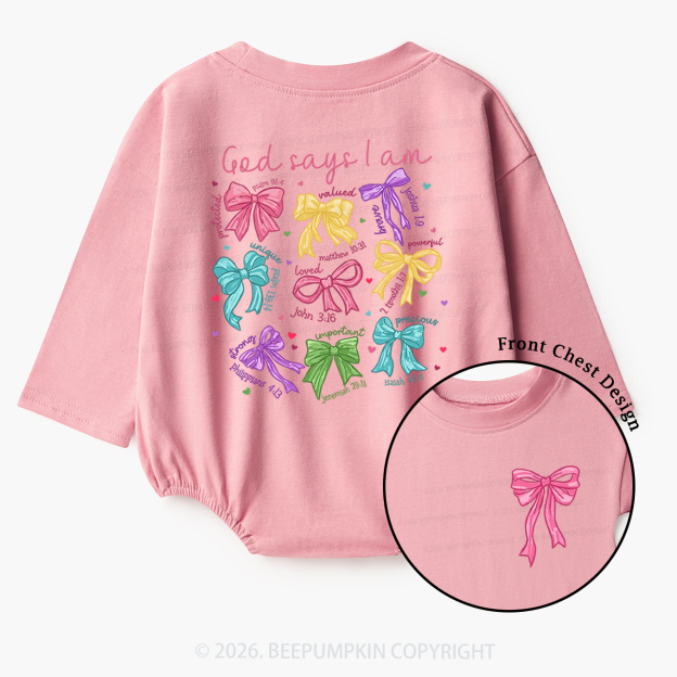 God Says I am Coquette Pink Bows Baby Bubble Romper