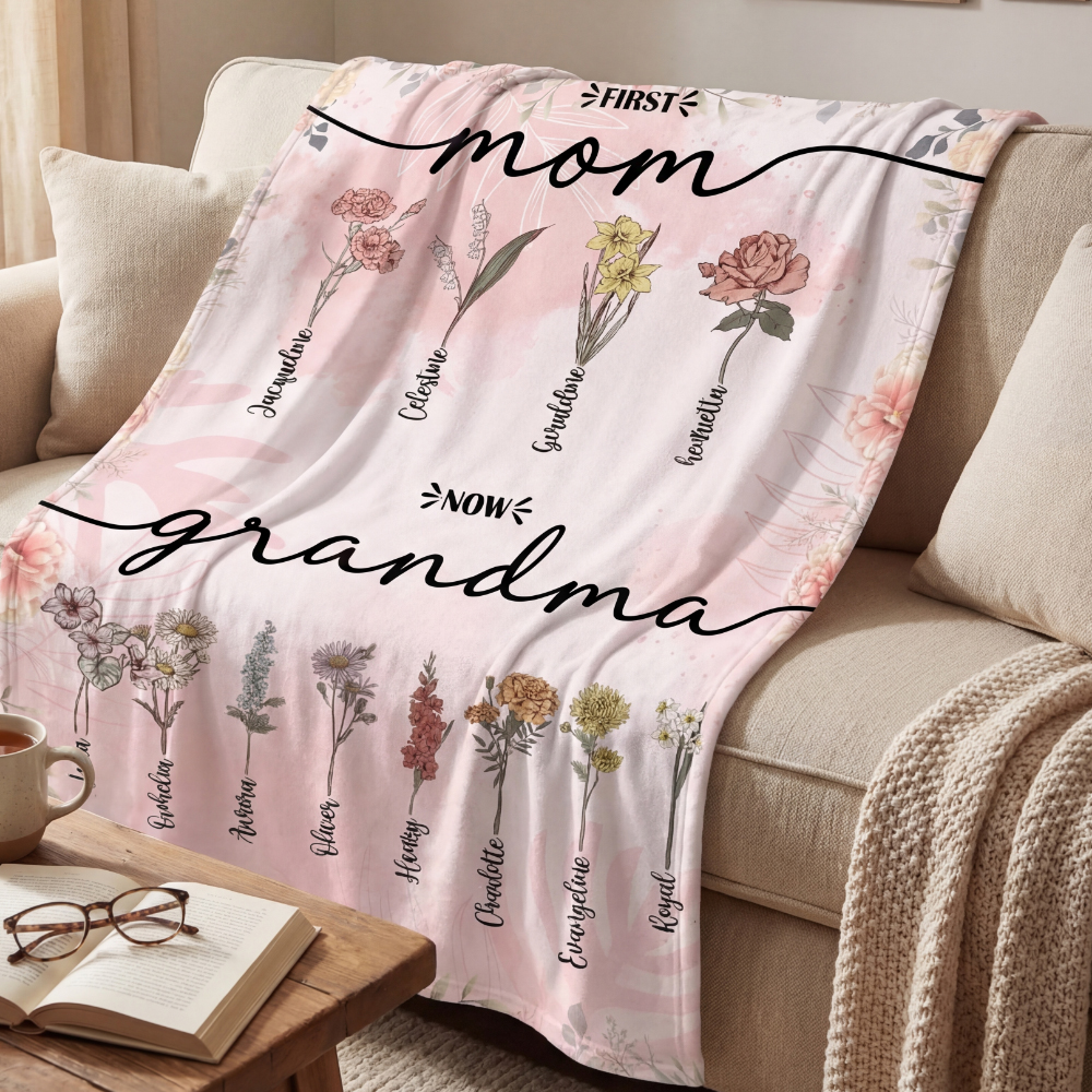 Personalized First Mom Now Grandma Birth Flower Fleece Blanket