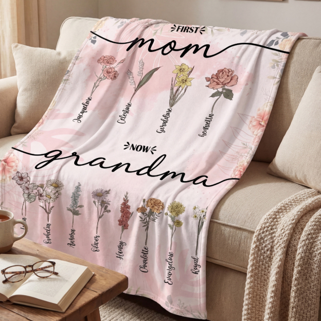 Personalized First Mom Now Grandma Birth Flower Fleece Blanket