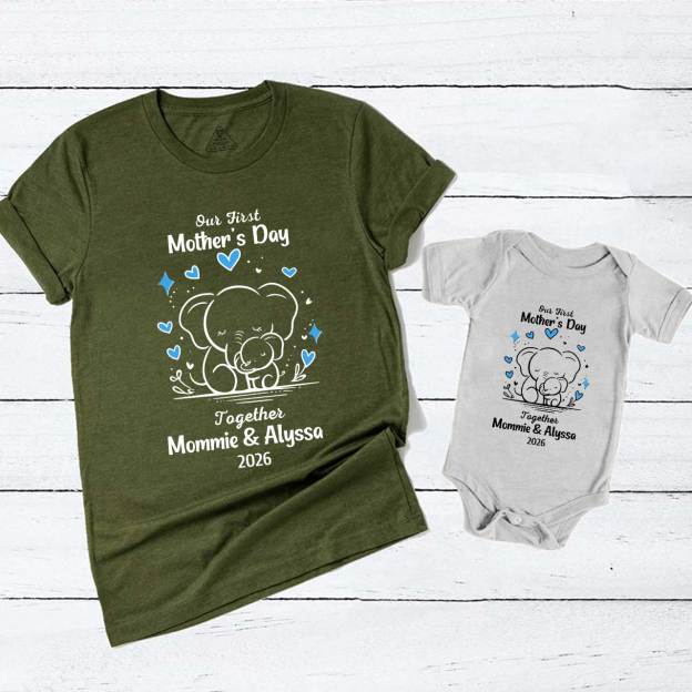 Personalised Line Elephant First Mothers Day Mom&Me Matching Tees