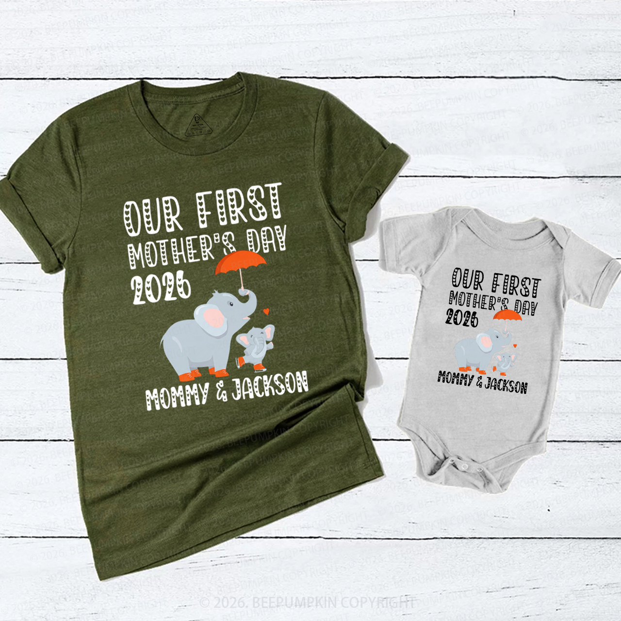 Personalized First Mother's Day Cute Elephant Mom&Me Matching T-Shirts
