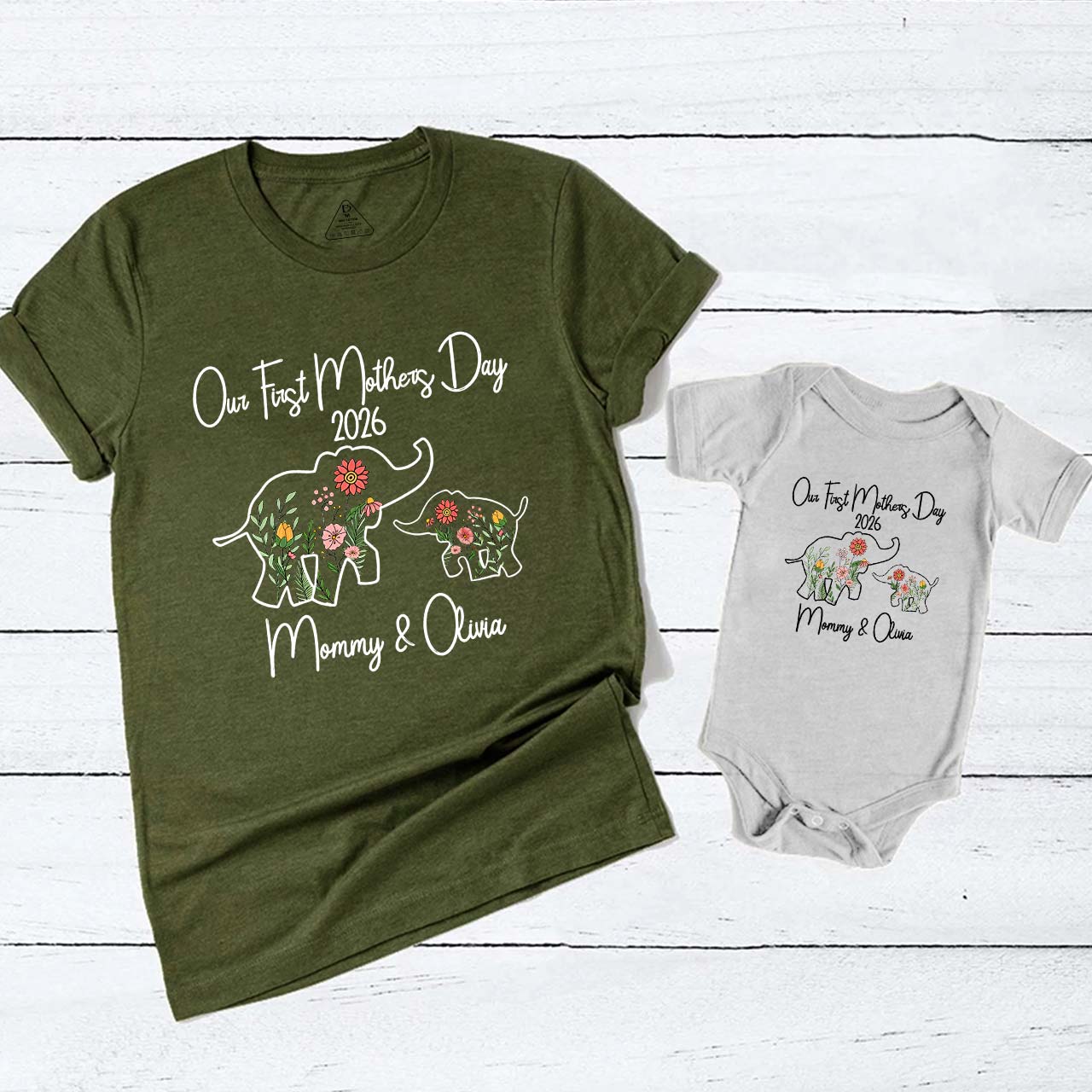 Personalized Flowers Elephant Mom&Me Matching Tees