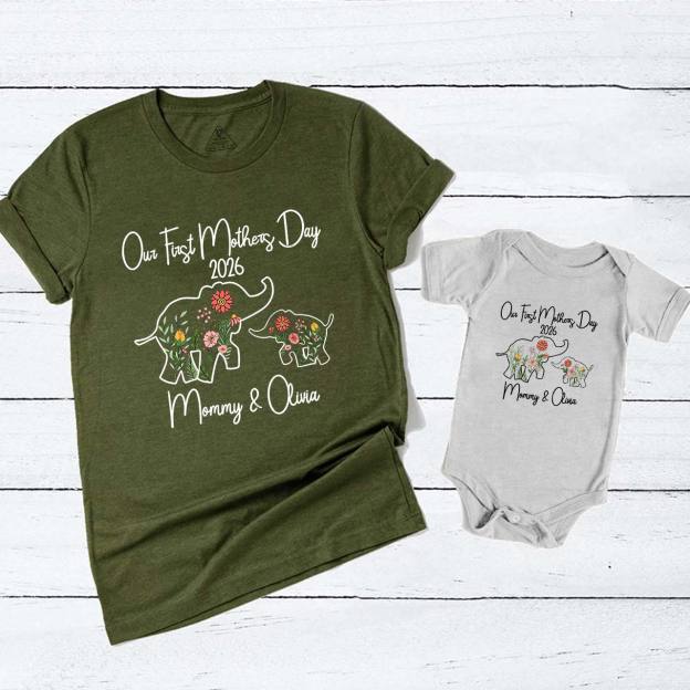 Personalized Flowers Elephant Mom&Me Matching Tees