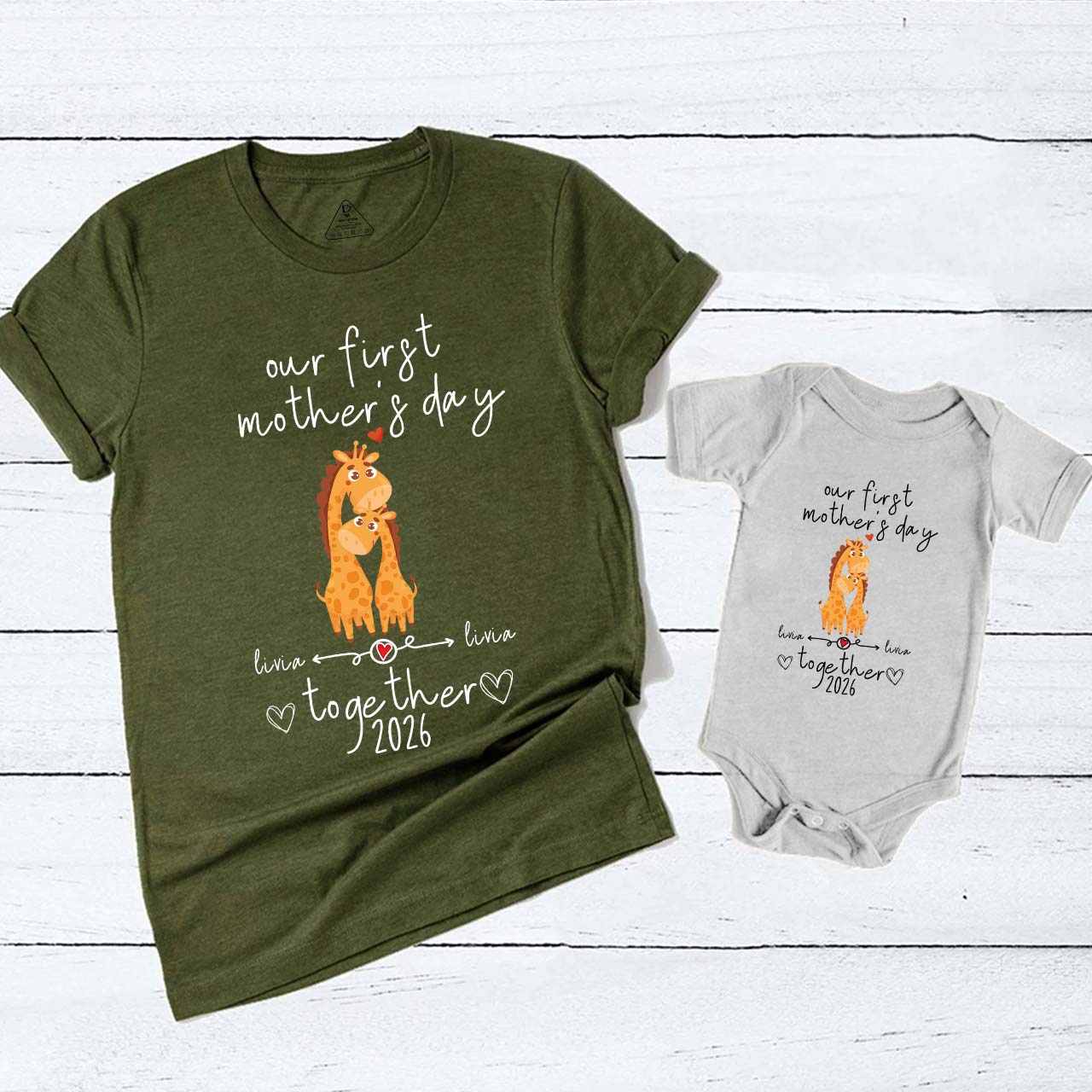 Personalized Giraffe Mother's Day Gift T-Shirts For Mom & Kids