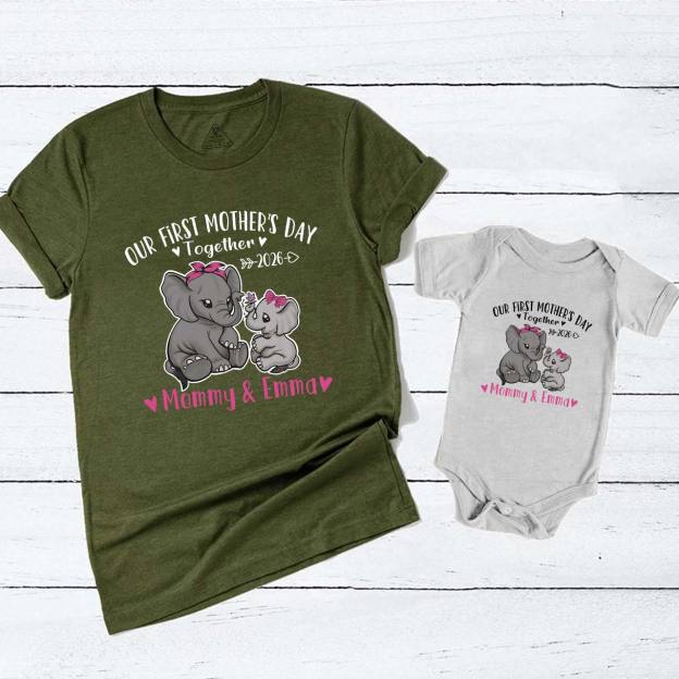 Personalized Elephant Mother's Day Gift T-Shirts For Mom & Kids