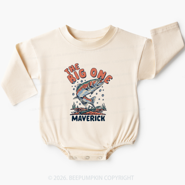 Personalized Retro The Big One Fishing Trout 1st Birthday Baby Bubble Romper