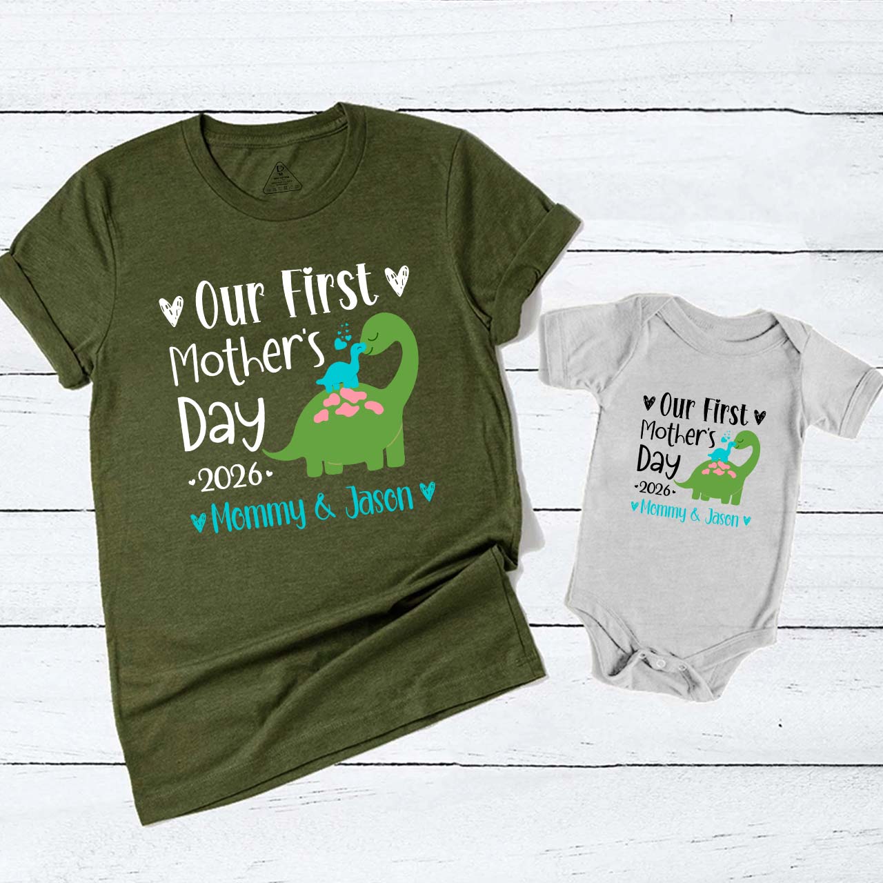 Personalized Our First Mothers Day Baby Dinosaur Mom&Me Matching Tees