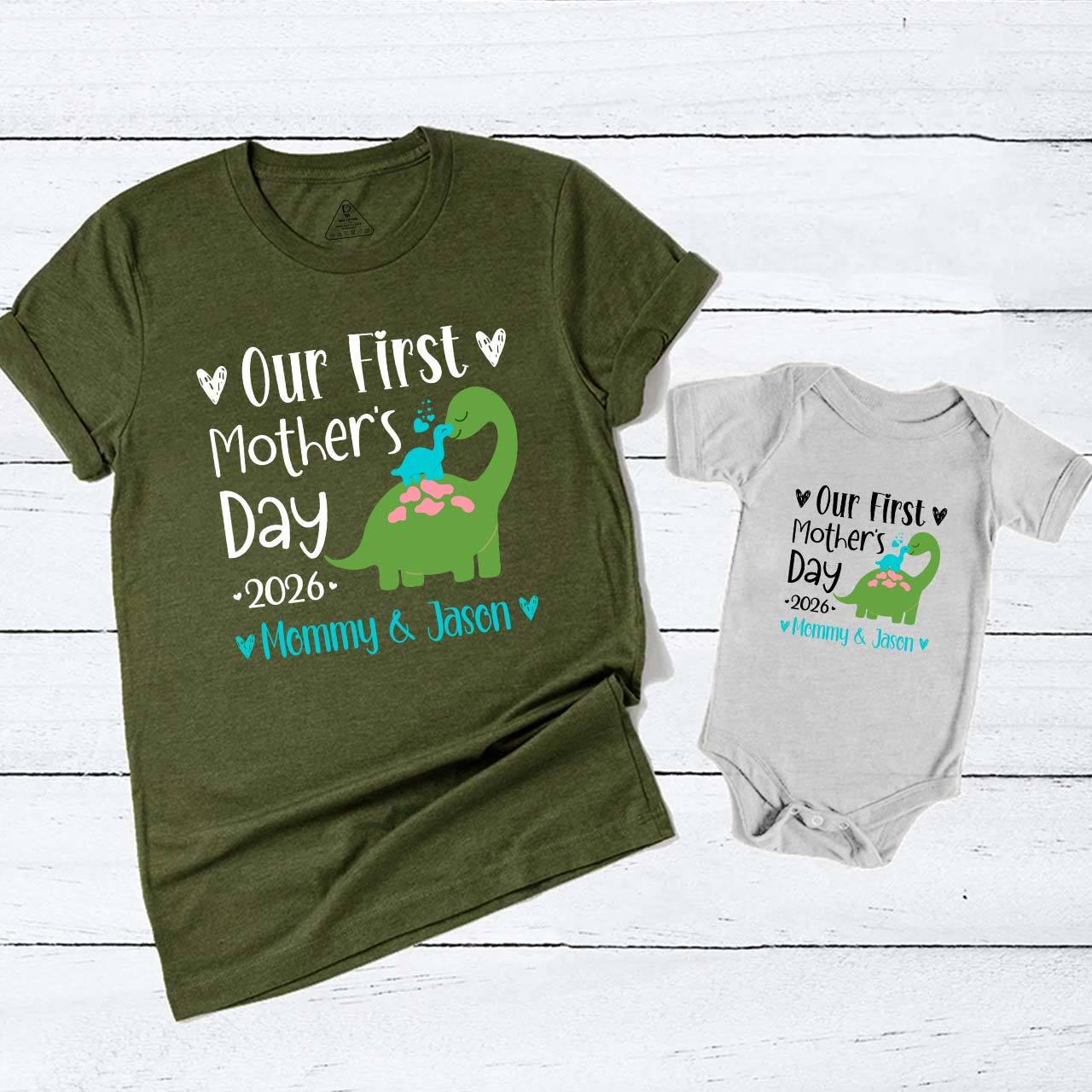 Personalized Our First Mothers Day Baby Dinosaur Mom&Me Matching Tees