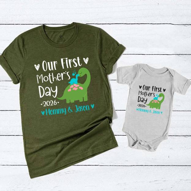 Personalized Our First Mothers Day Baby Dinosaur Mom&Me Matching Tees