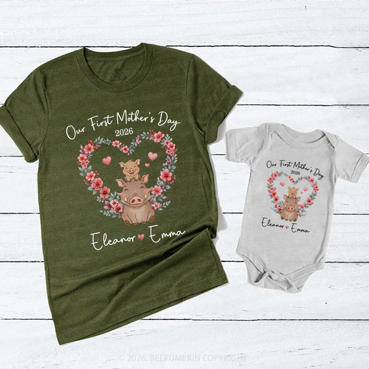 Personalized Cute Wild Boar Heart Wreath Mom&Me Matching T-Shirts