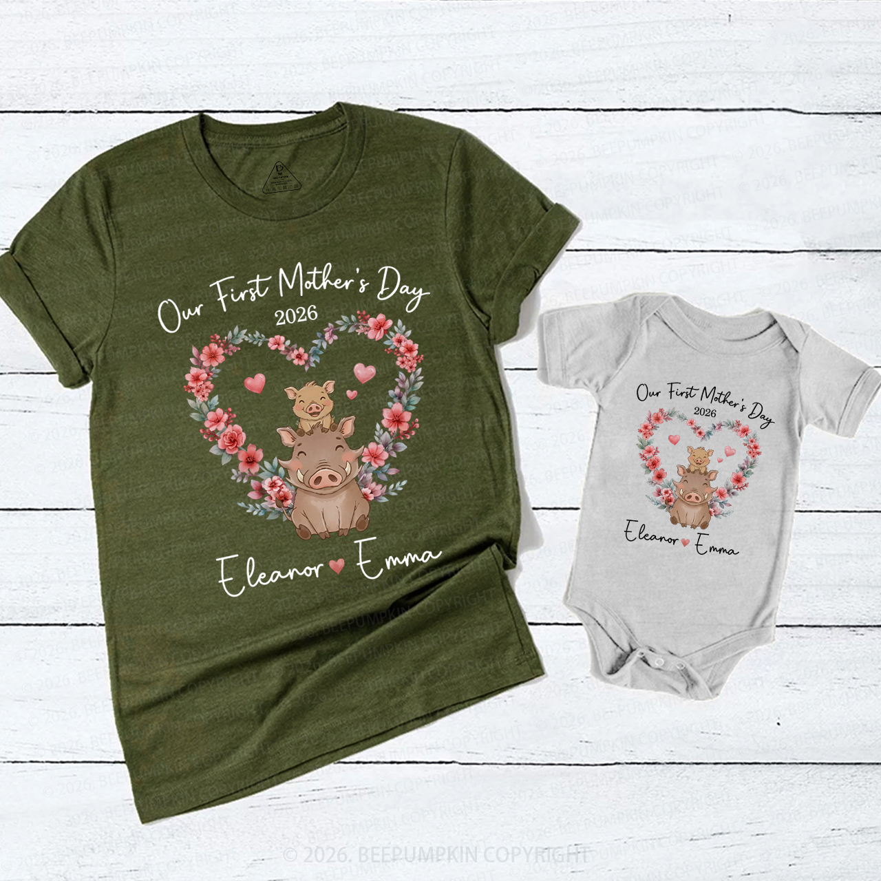 Personalized Cute Wild Boar Heart Wreath Mom&Me Matching T-Shirts