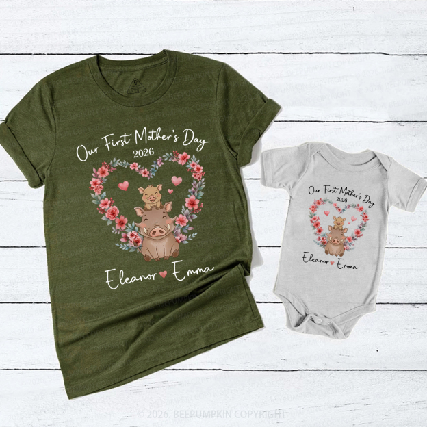Personalized Cute Wild Boar Heart Wreath Mom&Me Matching T-Shirts