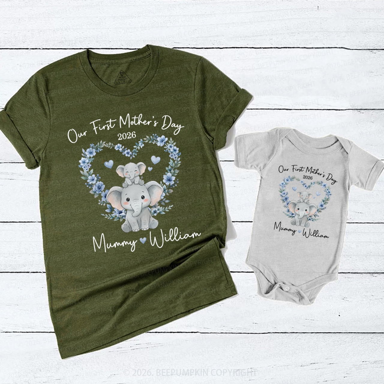Personalized Cute Elephant Heart Wreath Mom&Me Matching T-Shirts