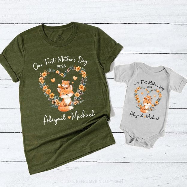 Personalized Cute Fox Heart Wreath Mom&Me Matching T-Shirts