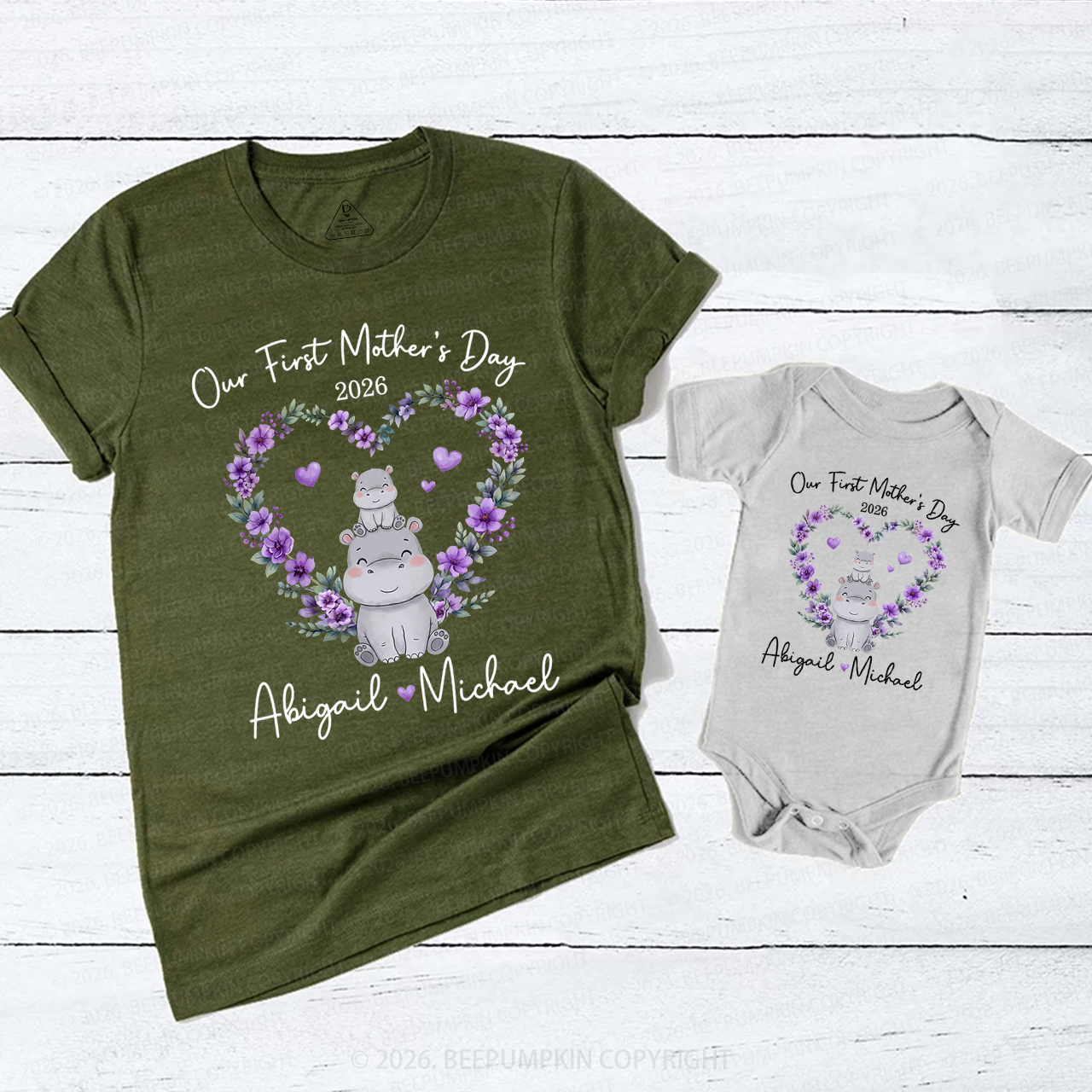 Personalized Cute Hippo Heart Wreath Mom&Me Matching T-Shirts