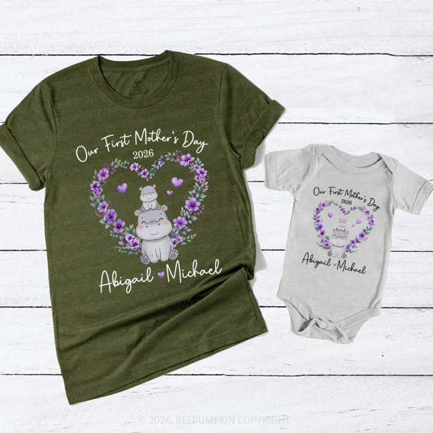 Personalized Cute Hippo Heart Wreath Mom&Me Matching T-Shirts
