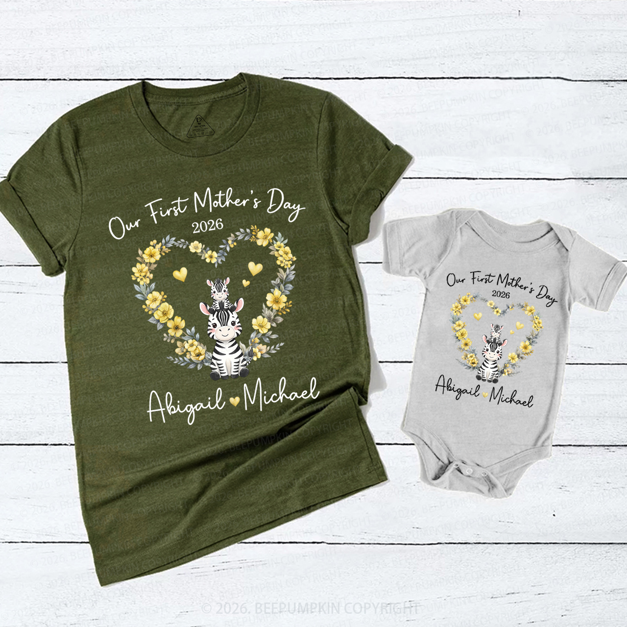 Personalized Cute Zebra Heart Wreath Mom&Me Matching T-Shirts