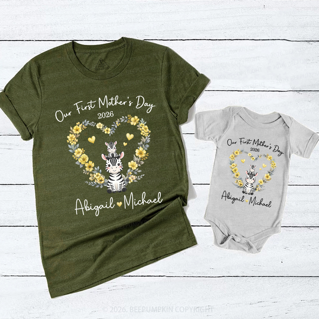 Personalized Cute Zebra Heart Wreath Mom&Me Matching T-Shirts