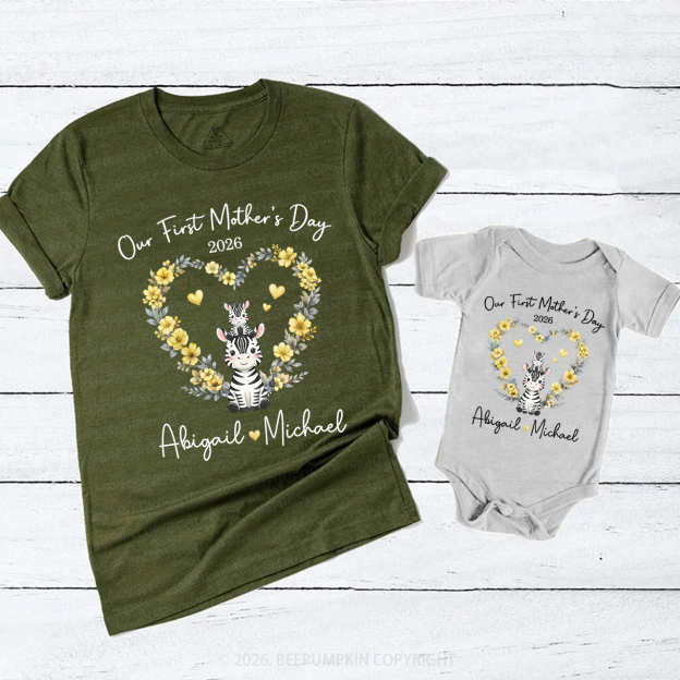 Personalized Cute Zebra Heart Wreath Mom&Me Matching T-Shirts