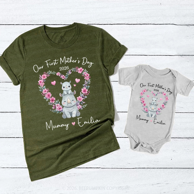 Personalized Cute Rhino Heart Wreath Mom&Me Matching T-Shirts