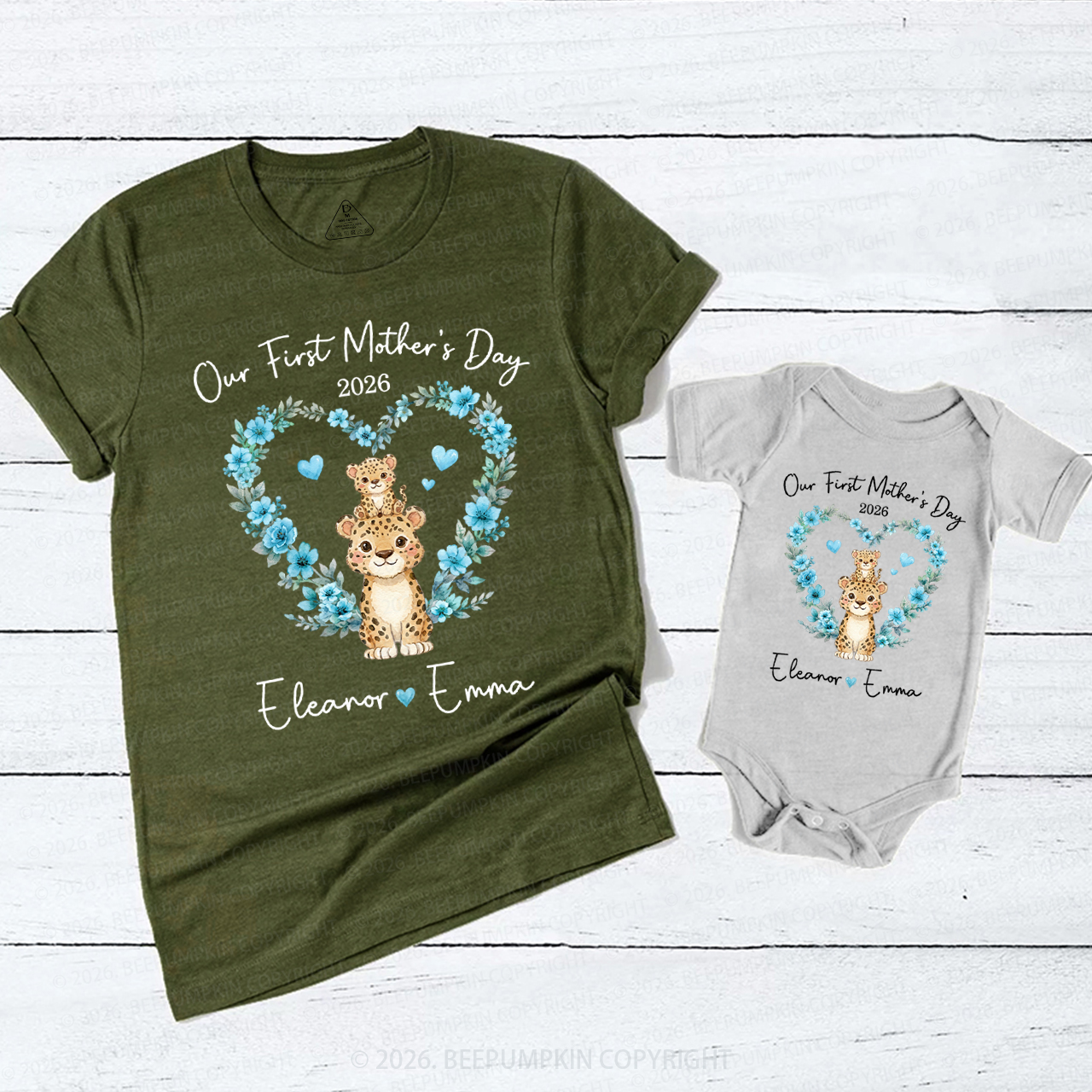 Personalized Cute Cheetah Heart Wreath Mom&Me Matching T-Shirts