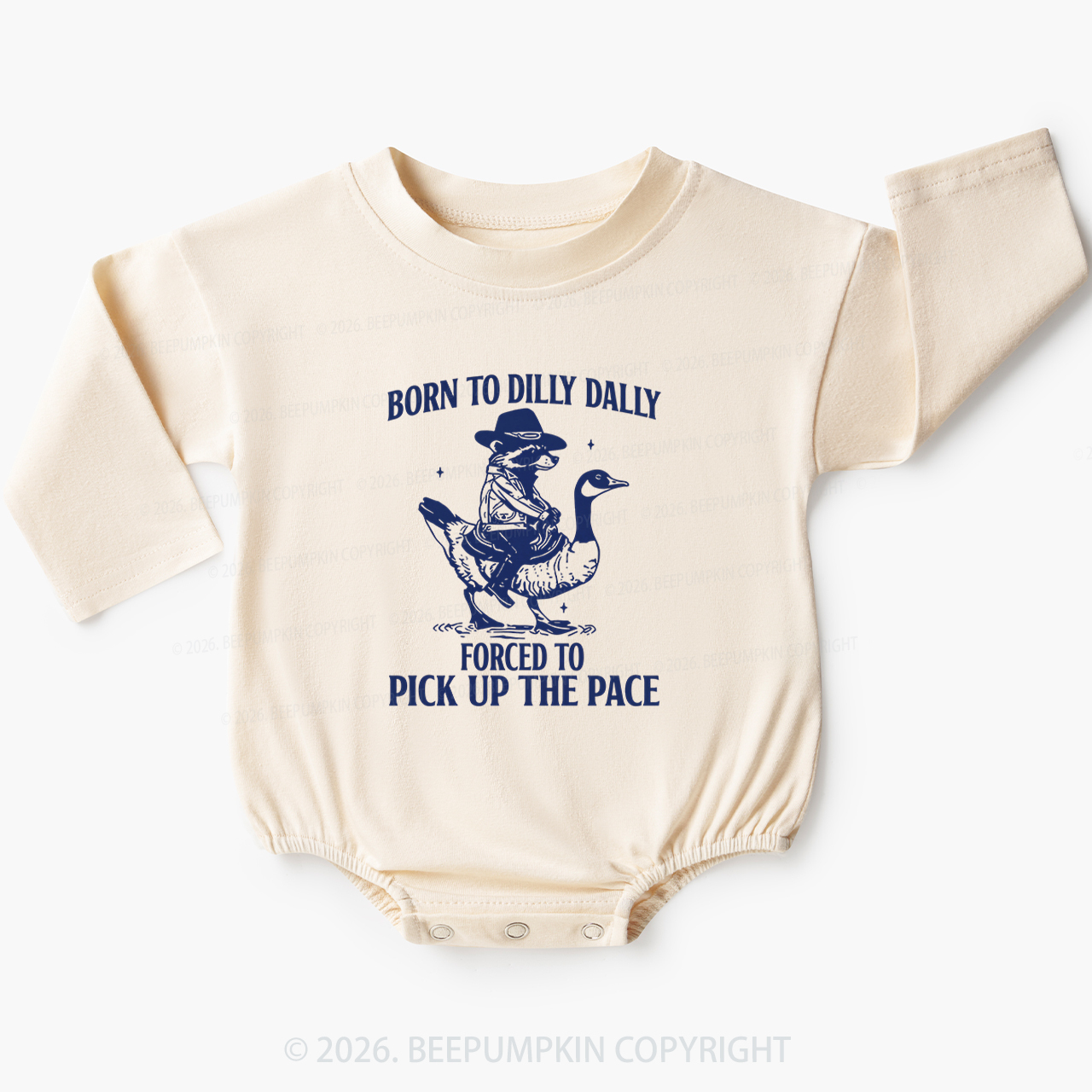 Born To Dilly Dally Retro Racoon Goose Baby Bubble Romper