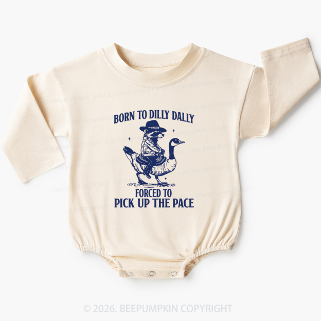 Born To Dilly Dally Retro Racoon Goose Baby Bubble Romper