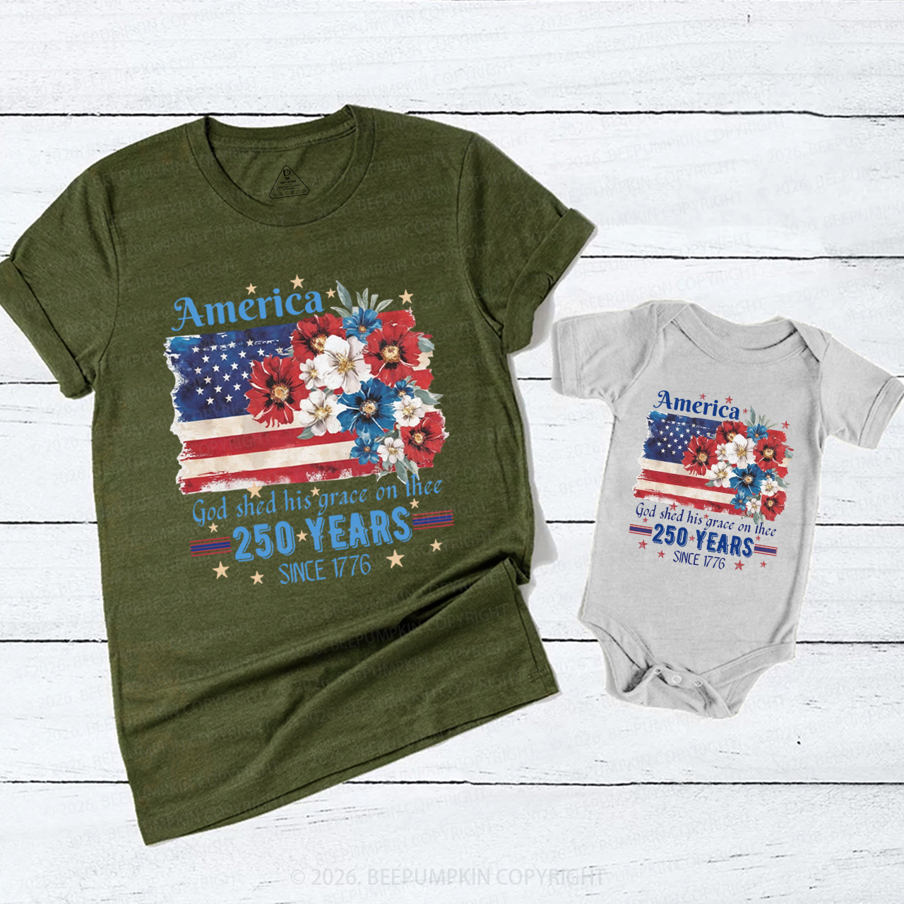 America 250 Years Flag Floral Mom&Me Matching T-Shirts