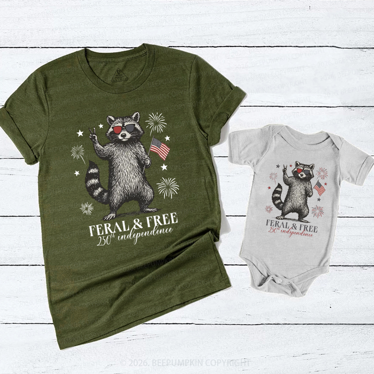 Feral but Free Patriotic Raccoon America 250th Mom&Me Matching T-Shirts