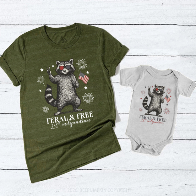 Feral but Free Patriotic Raccoon America 250th Mom&Me Matching T-Shirts