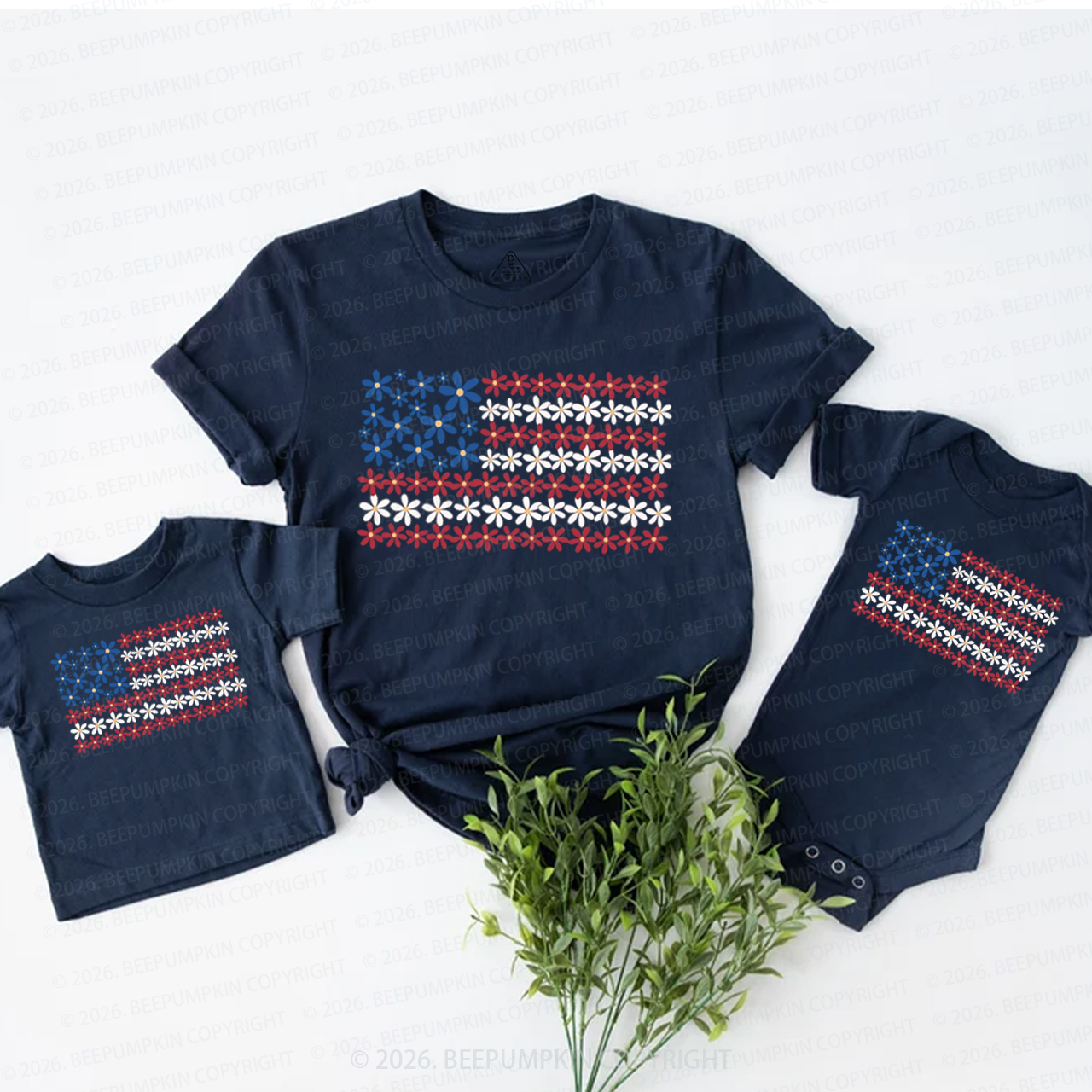 Floral American Flag 4th of July Mom&Me Matching T-Shirts