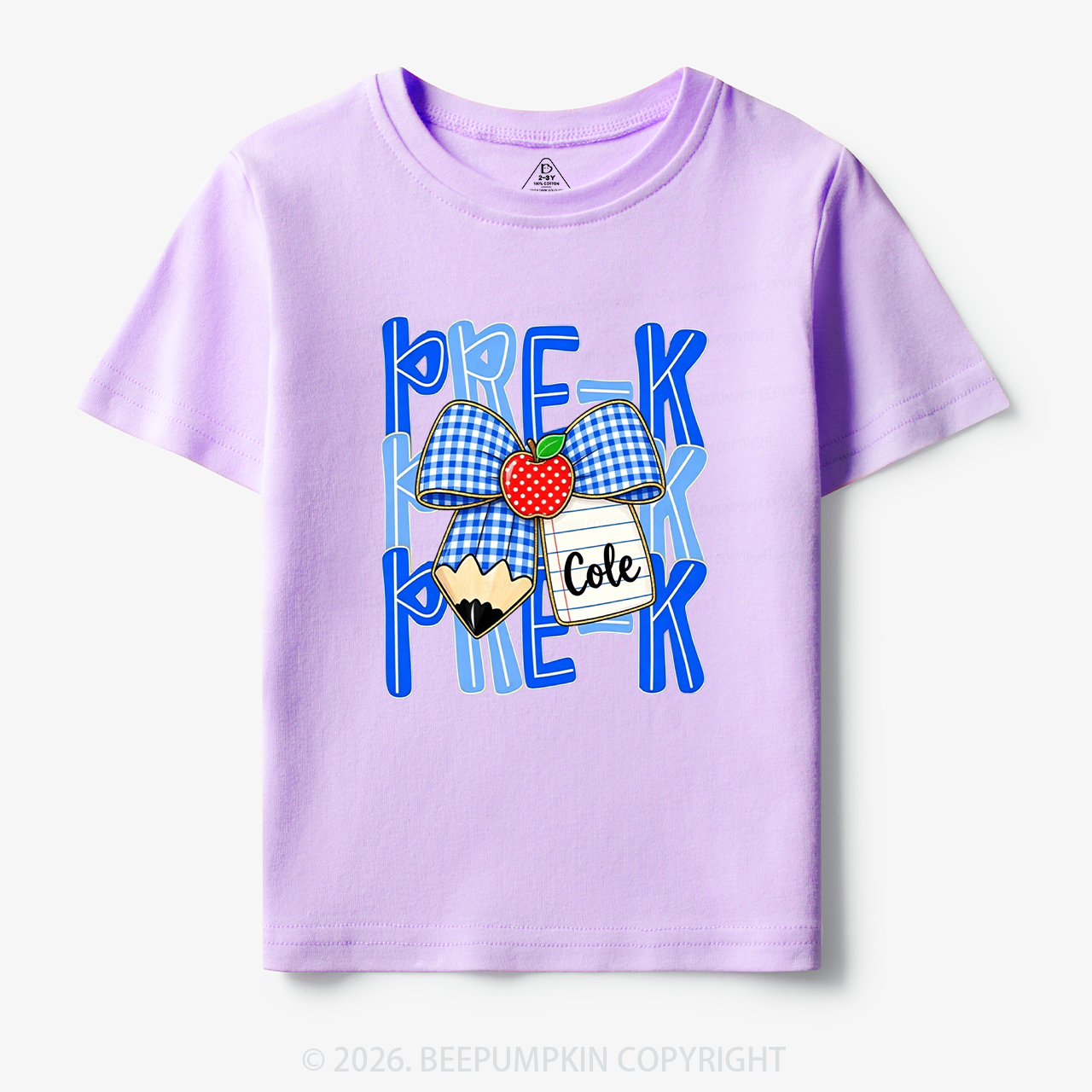Personalized Blue Gingham Pencil Bow Toddler&Kid's Tees