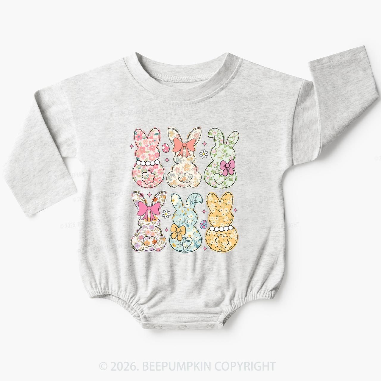 Vintage Spring Floral Bunny Bows Baby Bubble Romper