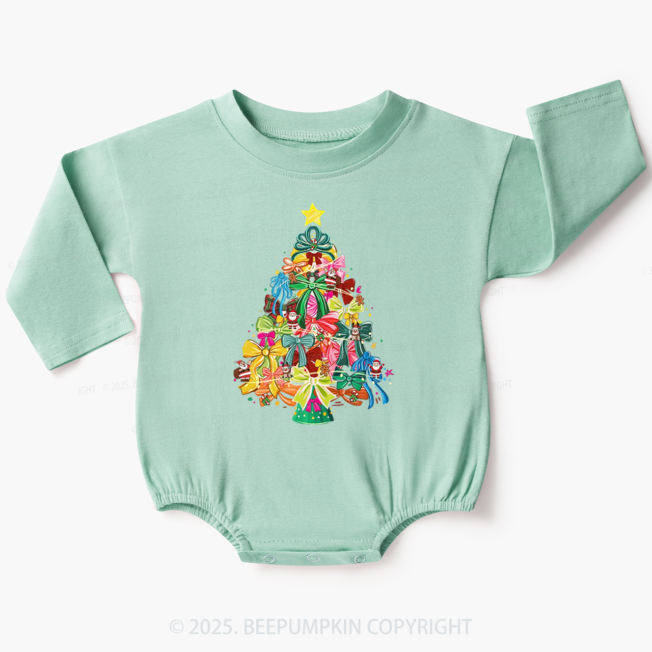 Colorful Coquette Christmas Tree Bow Baby Bubble Romper Beepumpkin