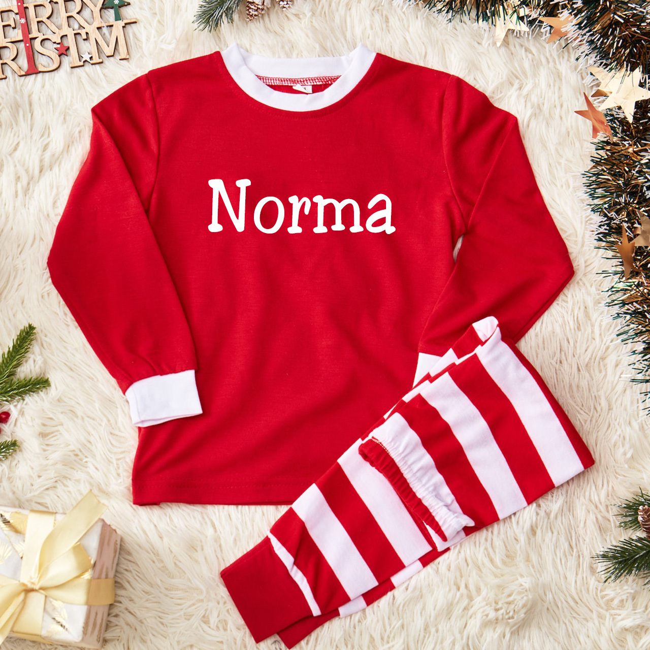 Personalized Matching Striped Xmas Pajamas For Kids