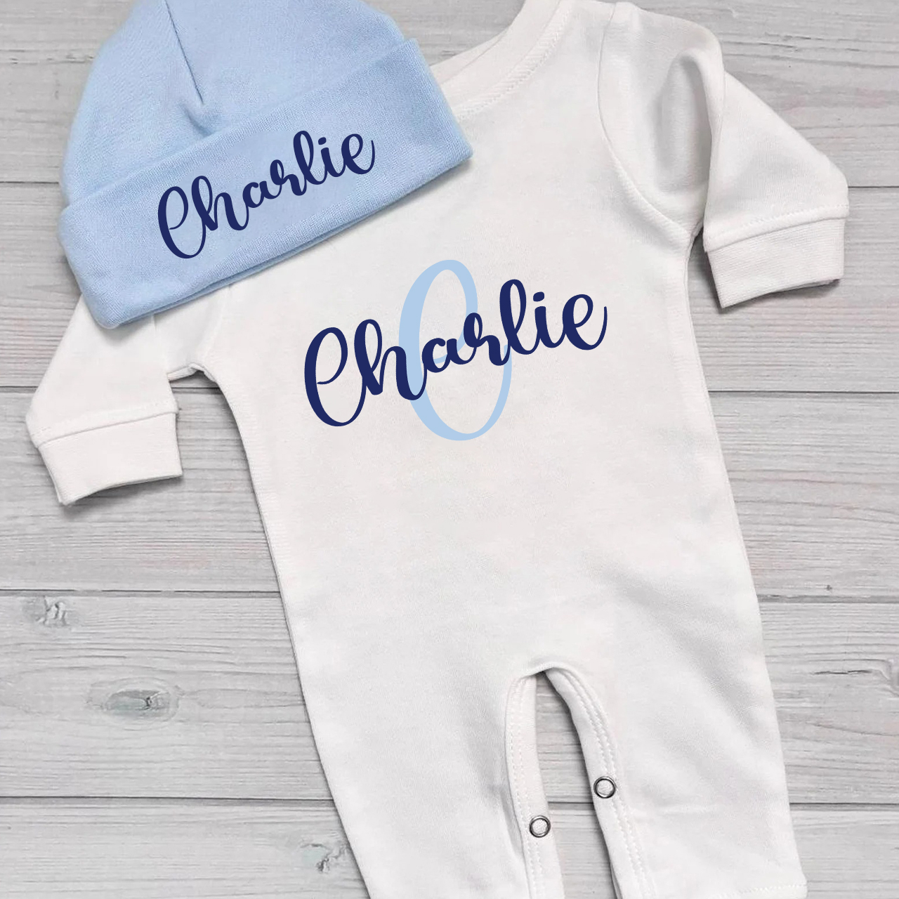 Personalized Babyblue Coming Home Romper&Hat