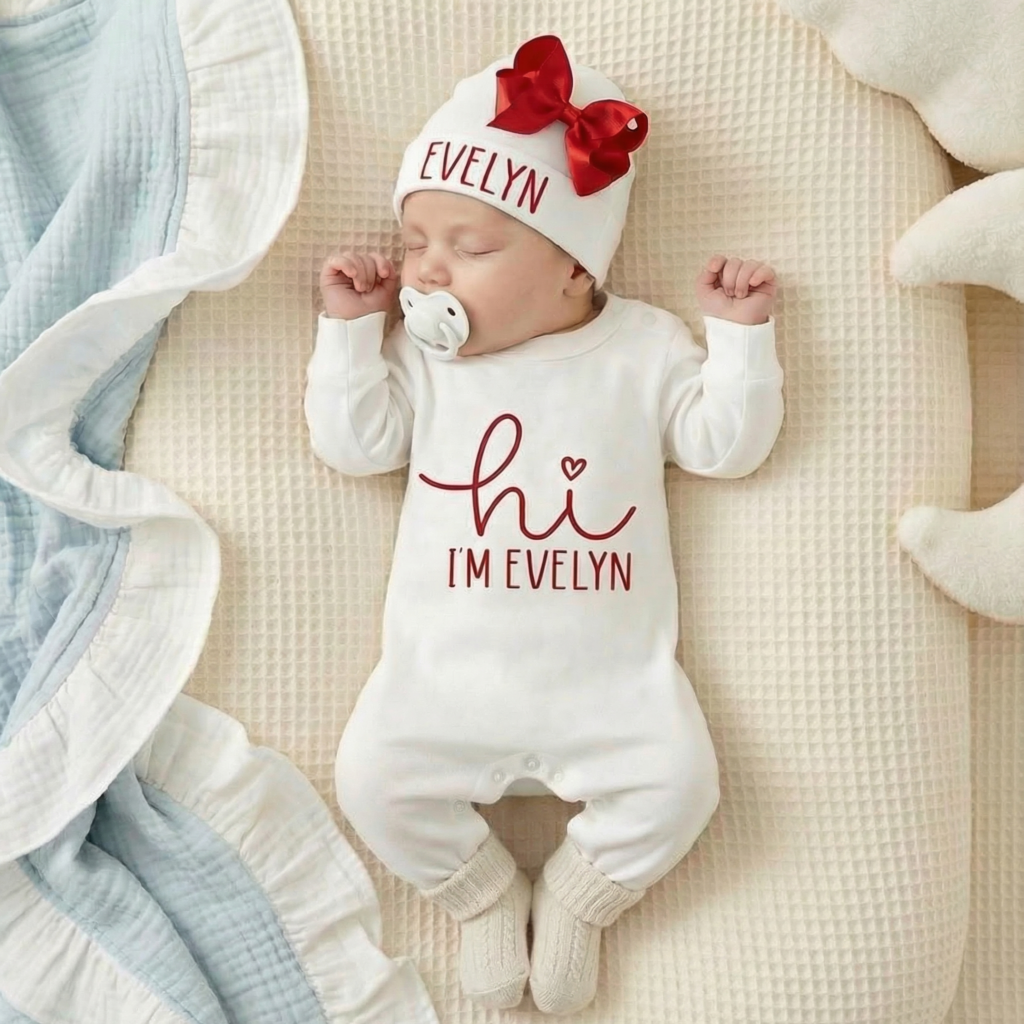 2 Pieces Red Personalized Hi I'm xxx Bodysuit & Bow Hat Set Beepumpkin