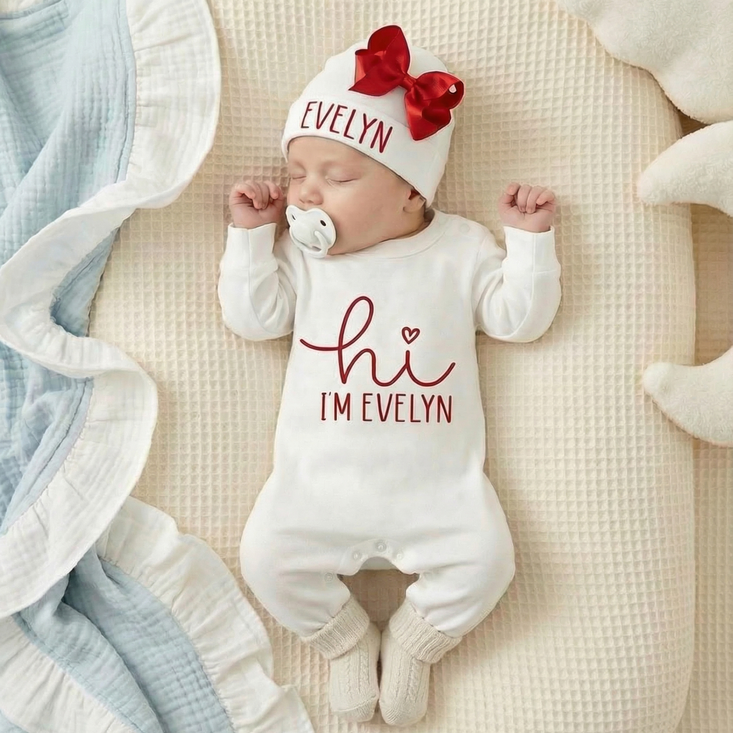 2 Pieces Red Personalized Hi I'm xxx Bodysuit & Bow Hat Set Beepumpkin
