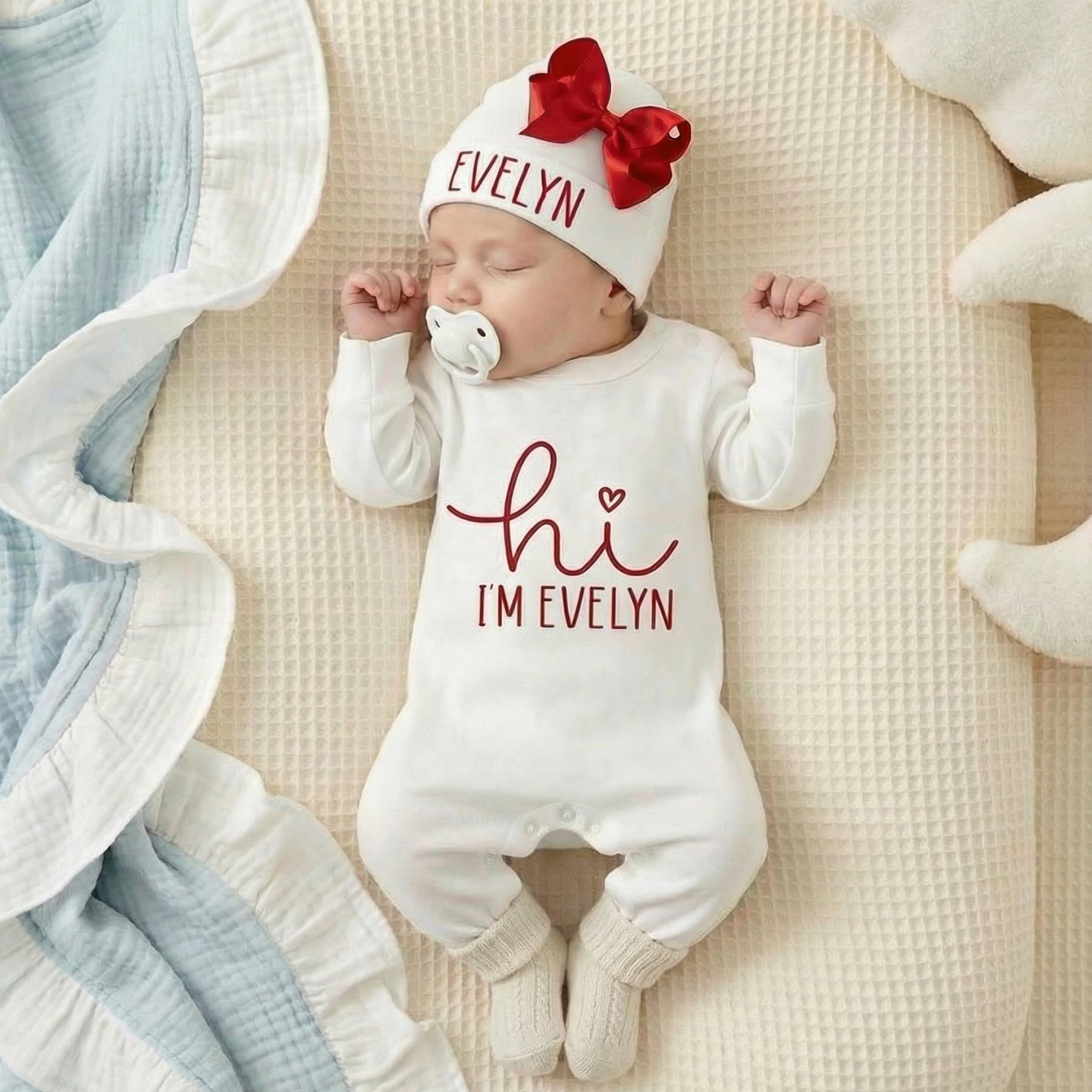 2 Pieces Red Personalized Hi I'm xxx Bodysuit & Bow Hat Set Beepumpkin