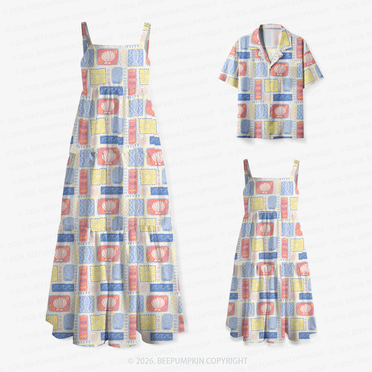 Seashell Postcards Collection Mom&Kids Summer Matching All-Over Print Outfits