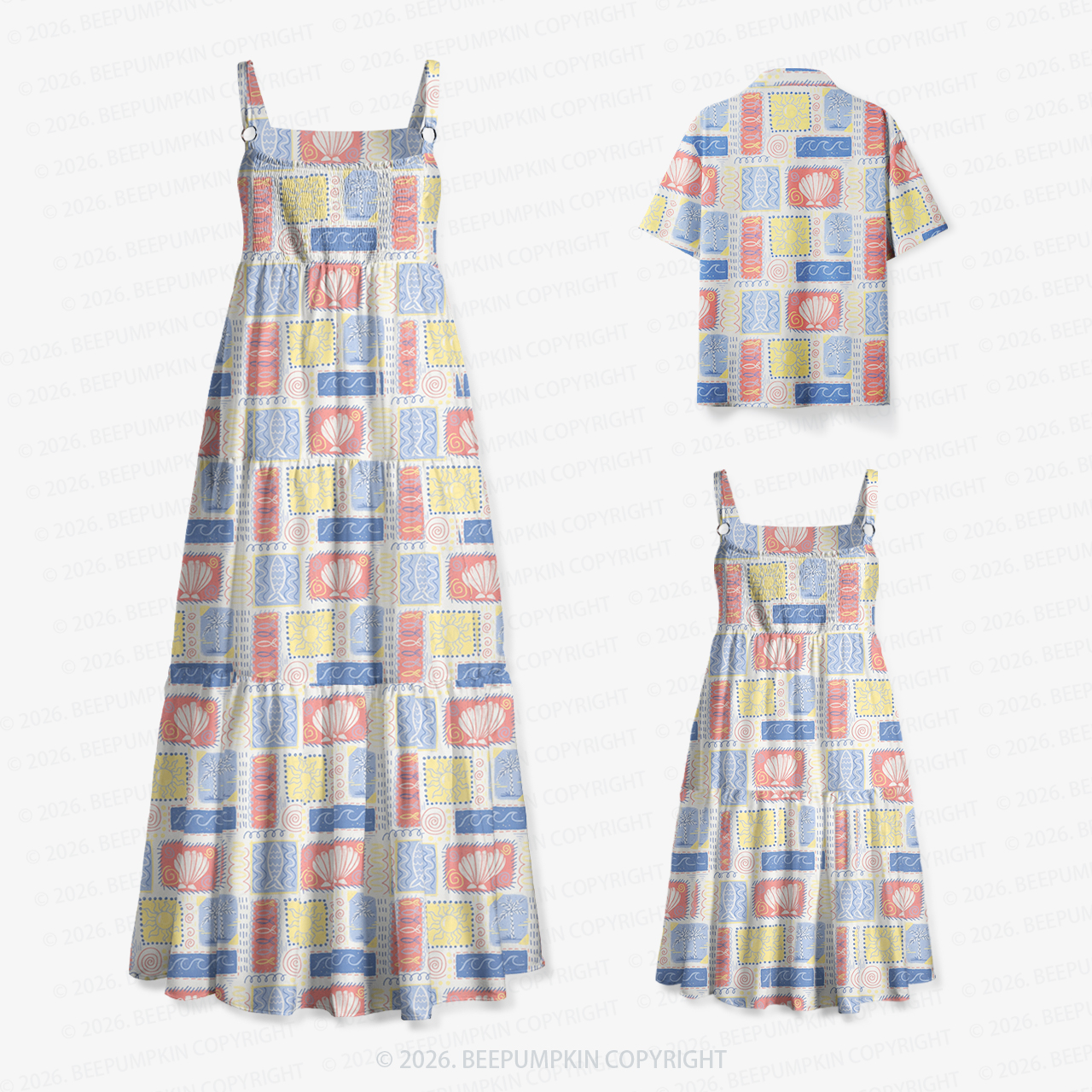 Seashell Postcards Collection Mom&Kids Summer Matching All-Over Print Outfits