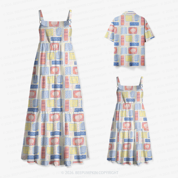 Seashell Postcards Collection Mom&Kids Summer Matching All-Over Print Outfits
