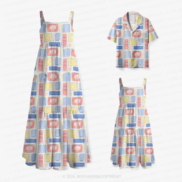 Seashell Postcards Collection Mom&Kids Summer Matching All-Over Print Outfits