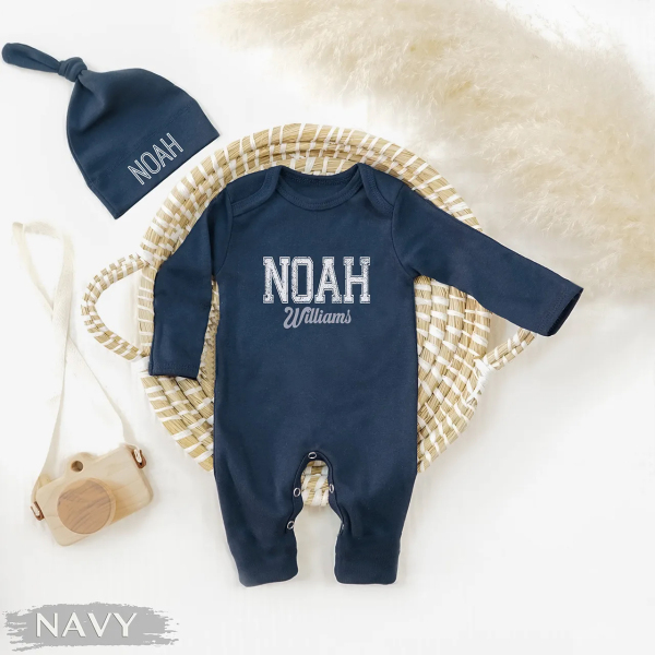 Image of Coming Home Outfit Navy Romper And Hat Set