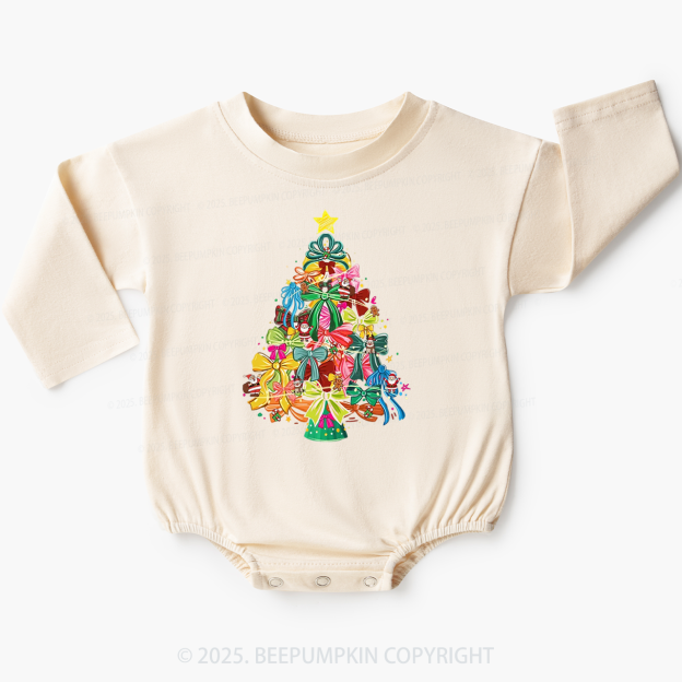 Colorful Coquette Christmas Tree Bow Baby Bubble Romper Beepumpkin